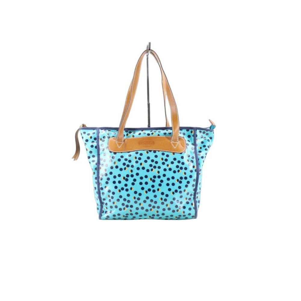 Fossil Blue Polka Dots PVC Coated Double Leather Handles Tote Handbag